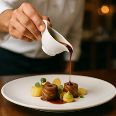 Chef Pouring Sauce Over Gourmet Meat and Potato Dish

