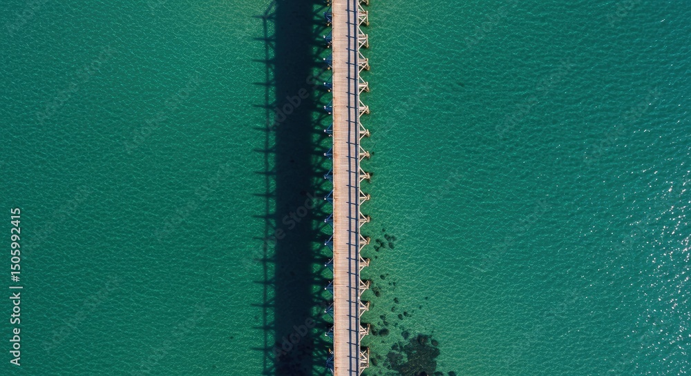 Poster Aerial view of a bridge over turquoise water reflecting sunlight creating a sparkling effect. The bridge is gray with shadows. The scene evokes a sense of tranquility and geometric patterns.