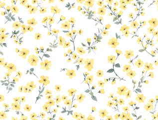 Seamless pattern with hand painted watercolor yellow flowers and leaves
