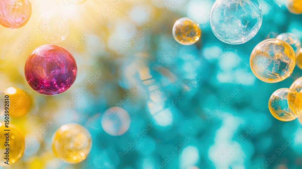 Poster bubbles of various colors drift through sunlit air, creating a lively and enchanting display against