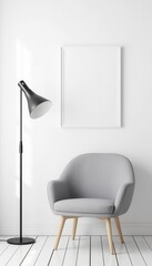 minimalist living room scene with a modern armchair, a standing floor lamp, and a simple black and white wall art, all set against a seamless white background