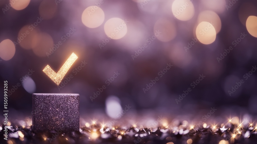 Poster a shimmering check mark glows on a decorative box surrounded by soft lights, creating a festive atmo