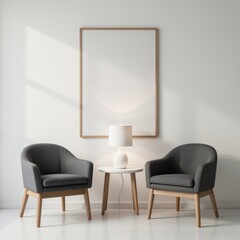 dual setup with two chairs facing each other, standing lamp between, framed minimalist art above, ideal for magazine editorial design or product ad mockups.