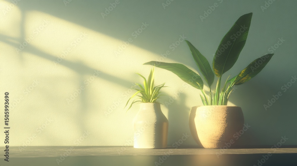 Poster sunlight filters through a window, casting gentle shadows on two potted plants placed on a dark wood