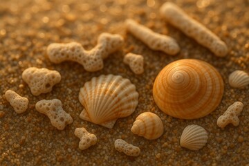 Close-up of seashells and coral stones on beach sand at sunset, showing natural textures and warm summer light.

