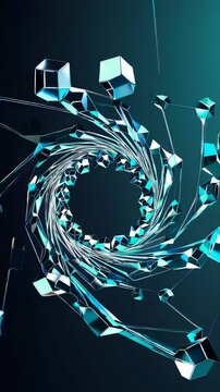 Dynamic spiral of geometric shapes in motion with vivid blue lighting effects