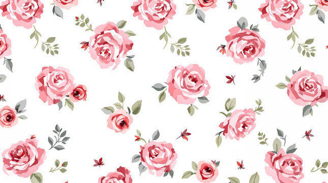 Watercolor seamless floral pattern with Pink roses flowers.
