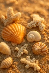 Close-up of seashells and coral stones on beach sand at sunset, showing natural textures and warm summer light.


