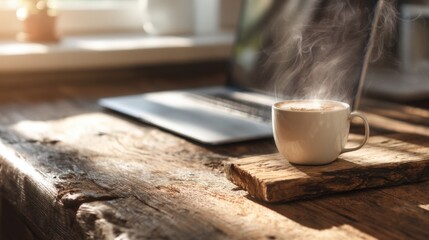  A steaming cup of coffee sits on an old wooden desk, beside it is the laptop with morning sunlight streaming through the window, creating a cozy and inviting atmosphere. 
