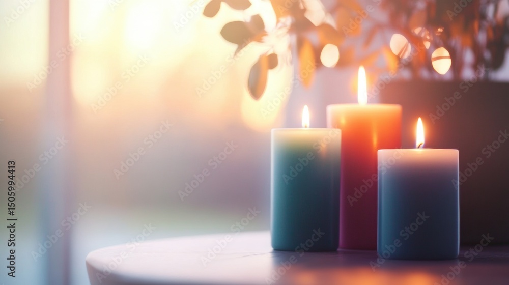 Poster three colorful candles burn brightly on a table, creating a warm and inviting atmosphere as sunlight