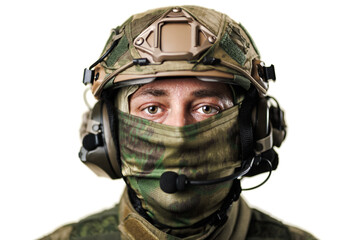 Professional military soldier wearing tactical gear and camouflage face cover
