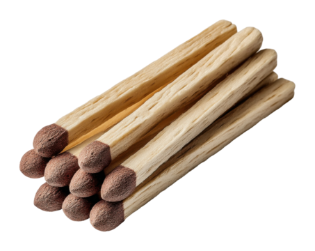 Lighting a fire stacked matches ready for use creative concept isolated on transparent background