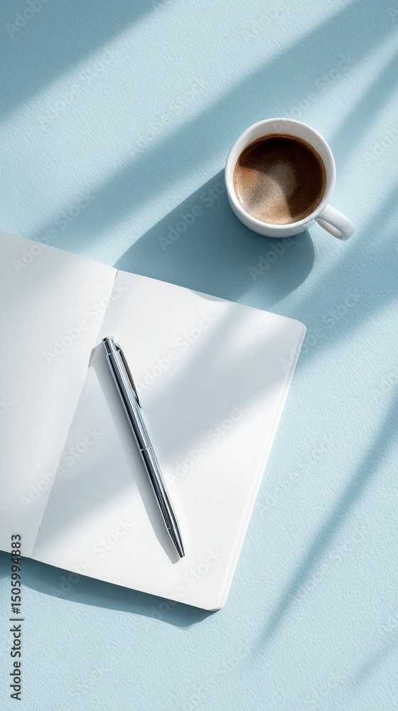 Poster writing in a notebook with a cup of coffee on a light blue table