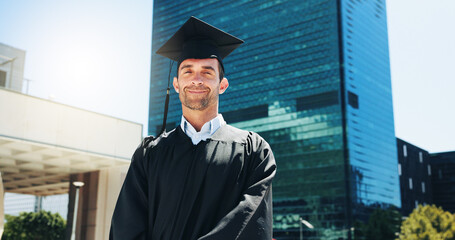 City, graduation and portrait of man student outdoor for celebration or education event. Future,...