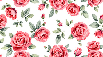 Watercolor seamless floral pattern with red roses flowers.
