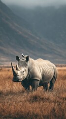 Obraz premium White Rhinoceros Grazing in a Grassy Field Against a Mountain Backdrop at Dusk