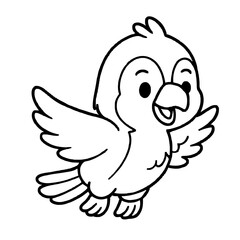 Cute cartoon parrot flying happily line art for kids coloring and bird education