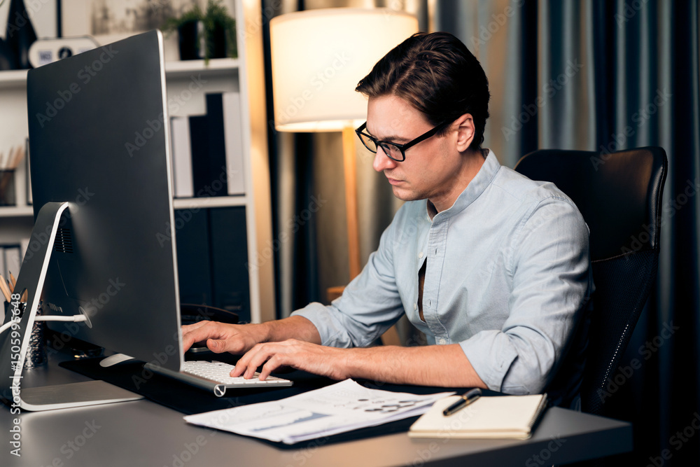 Poster smart businessman analyzing business paragraph dynamic database marketing analysis plan surrounded p