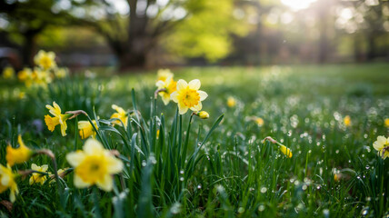 Fototapeta premium Close-up of a vibrant yellow daffodil with a dark blue center, glistening with morning dew among sparkling grass, bathed in soft sunlight with a dreamy bokeh background.