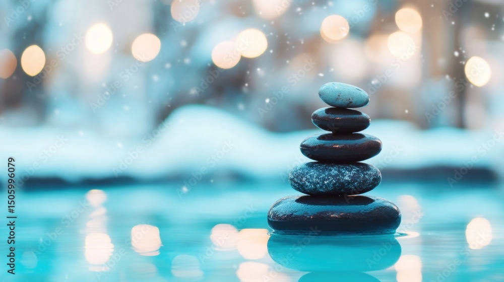 Aufkleber five smooth stones form a balanced stack in calm water, creating a peaceful atmosphere as soft snowf