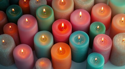 Colorful Assorted Candles with Warm Glowing Flames for Relaxation and Home Decor