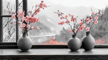 Elegant Vases with Cherry Blossom Branches in Monochrome Setting