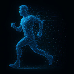 Fototapeta premium Pixel Runner in a Stream of Digital Light. A futuristic illustration of a runner made of digital blue pixels, dissolving into binary code. Represents speed, data, and transformation. 