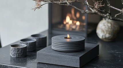 Minimalist Black Candle Holder with Flame and Decorative Elements