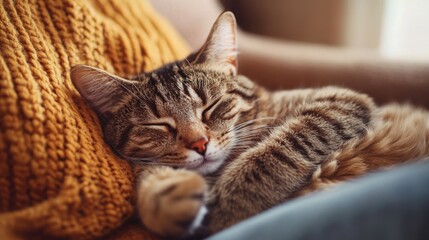 Peaceful Tabby Cat Napping Comfortably on a Cozy Knitted Blanket