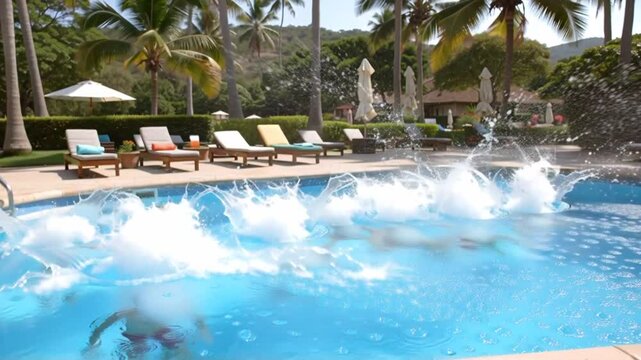little happy   group of boys friends swimming in pool, water splashes, summer day, tropical resort