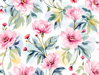 Seamless pattern with pink pions watercolor