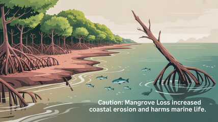 Illustrate coastal mangrove forests being cut down, with eroding shorelines and disappearing fish habitats.