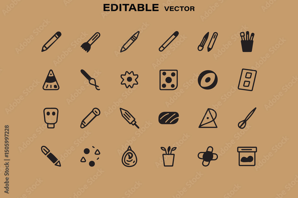 Aufkleber collection of creative tools and objects in black outline style on a tan background