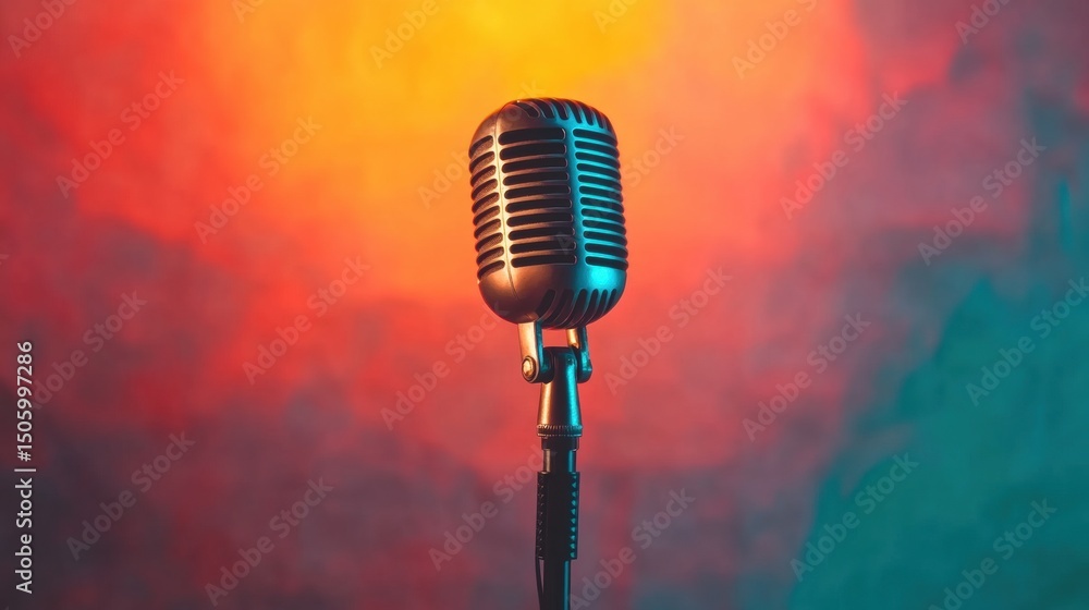 Poster a vintage microphone is positioned in front of a vibrant backdrop, creating a lively atmosphere for 