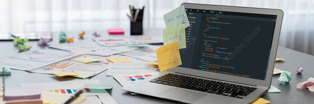 Poster sticky note for creative and analytic brainstorm for business idea with bi data dashboard on laptop 