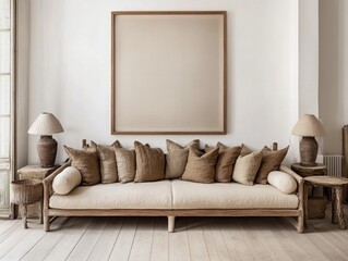 Beige sofa with art, neutral decor