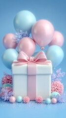 Elegant gift box surrounded by soft pastel balloon arrangement