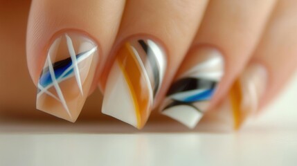 Creative nail design showcases intricate geometric patterns with bold colors, enhancing a stylish and polished look