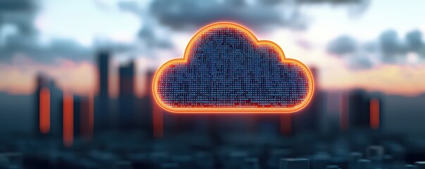 A glowing digital cloud icon floats over a city skyline, symbolizing modern cloud computing and data technology.