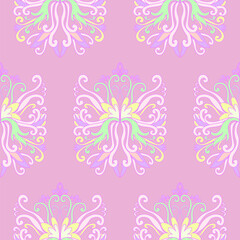 Damask style colorful swirl pattern, pink, yellow, green, purple colors. Seamless floral pattern-731.