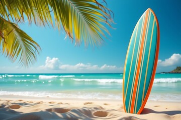 Surfboard on Tropical Beach with Palm Tree Leaves and Azure Ocean Waves