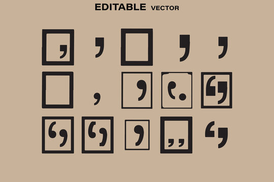 Collection of Punctuation Marks Including Commas and Quotation Marks in Black on a Neutral Background Editable Vector
