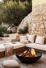 Cozy Outdoor Fireplace Setting With Modern Seating and Natural Stone Wall Near Greenery