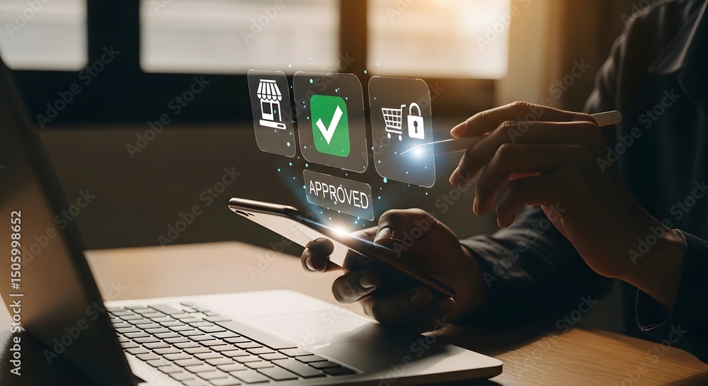 Poster businessman online shopping and payment approval using mobile phone for secure transactions concept 