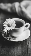 Obraz premium Coffee Cup With a Daisy on a Rustic Wooden Table During a Calm Morning.