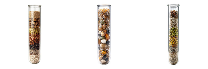 Set of transparent test tube filled with various seeds for agriculture study isolated on transparent background