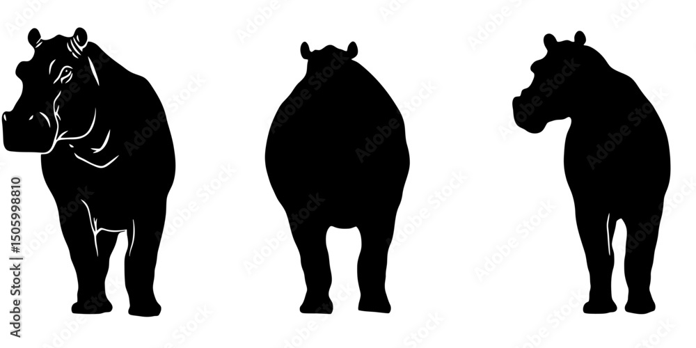 Poster silhouette icons of large bulky hippos showcasing different angles and postures for versatile use in