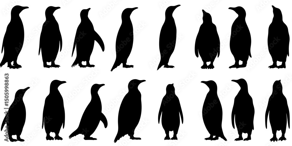 Poster various penguin silhouettes showcasing distinct poses and features for design use and creative proje