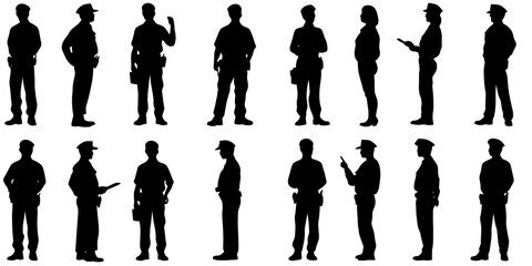 Collection of police officer silhouette icons depicting various stances and actions for use in design and illustration