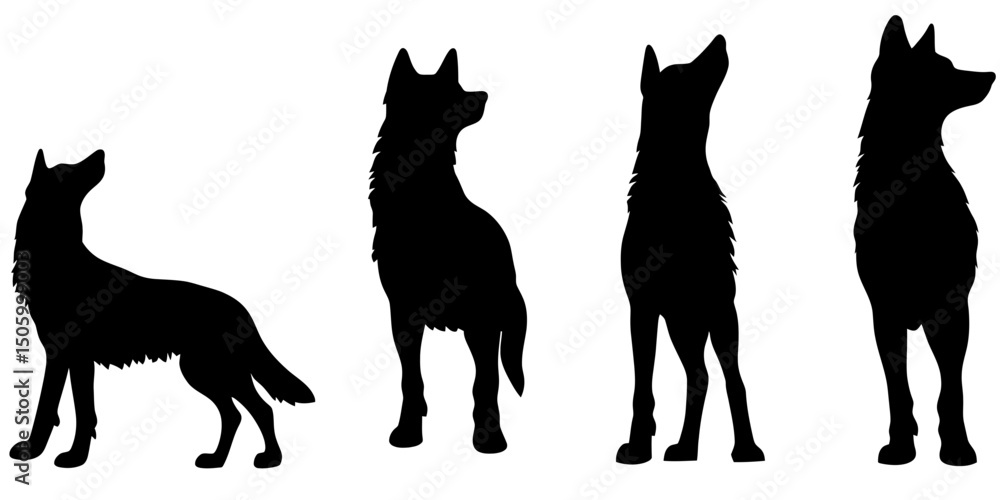 Poster silhouette icon set featuring four distinct wolf poses for design use and artistic applications